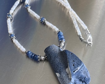 Blue Coral Kyanite Mother of Pearl Sterling Silver Necklace