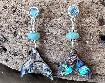 Abalone Mermaid Tail Larimar Swiss Blue Topaz Post Earrings
