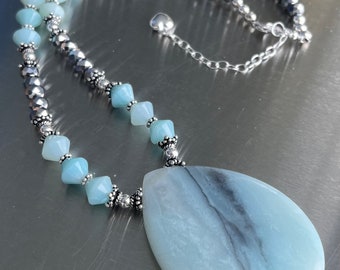 Amazonite and Black Crystal Sterling Silver Necklace