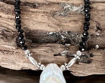 Keishi Pearl Necklace / Black Spinel Sterling Silver Necklace