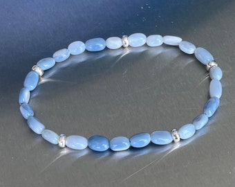 Owyee Blue Opal Sterling Silver Beaded STRETCH Bracelet Stacking Bracelet Fits Up To 7" wrist