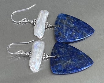 Lapis Lazuli White Biwa Stick Pearl Sterling Silver Earrings