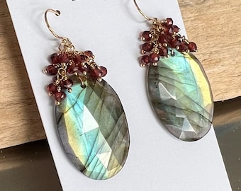 Flashy Labradorite and Garnet 14kt Gold Filled Earrings