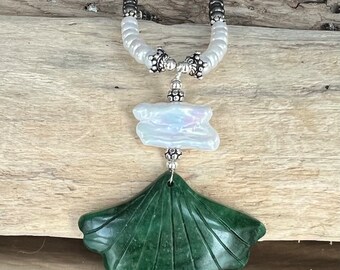 African Green Jade Carved Gingko Leaf Biwa Stick Pearl Sterling Silver Necklace