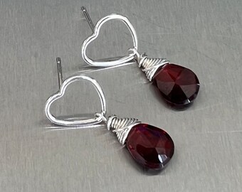 Garnet Sterling Silver Heart Post Earrings