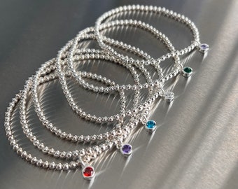 Birthstone (Crystal Color) Sterling Silver Charm Stretch Bracelet