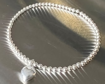 Sterling Silver Beaded STRETCH Bracelet with Heart Stacking Bracelet
