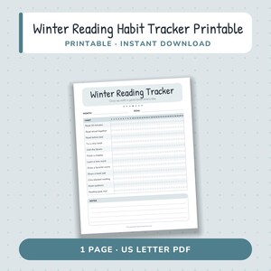 Può includere: Un foglio stampabile per il monitoraggio della lettura invernale di colore bianco con intestazione azzurra. La pagina include una sezione per mese e obiettivo, una lista di controllo con trentuno caselle giornaliere e note in basso.