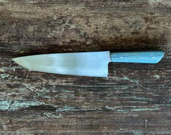 Handcrafted Leaf Spring Chef Knife, 7 7/16" S Grind, Blue Stabilized Maple Scales, Kitchen Essential