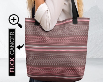 Bolso tote con mensaje oculto "Que le den al cáncer": bolso de compras con estampado azteca bohemio y colorido. Regalo de apoyo para quienes luchan contra el cáncer.