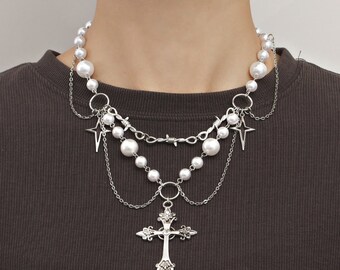 Victorian Gothic Cross Rosary Necklace With Chain Charm Handmade