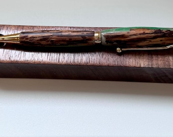Reclaimed Oak Barn Wood Ink Pen with Green and White Epoxy Accents