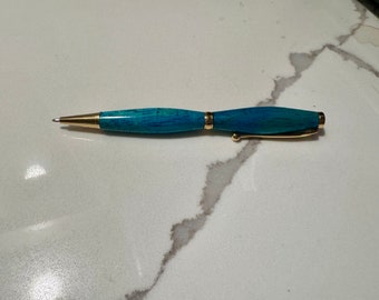 Hand Turned Maple Pen Turquoise Stain with Clear Coat