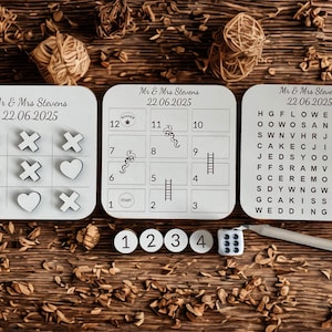 Pacchetto di giochi personalizzati per matrimoni / Bomboniere e intrattenimento per gli ospiti / Tris, Serpenti e Scale + Ricerca di Parole