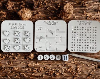 Personalised Wedding Games Pack | Table Favours & Guest Entertainment | Tic Tac Toe, Snakes + Ladders + Wordsearch