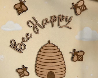 Panneau en bois Bee Happy | Décoration murale abeille | Décoration d'abeille rustique | Cadeau bourdon | Décoration murale Cottagecore | Cadeau pour amoureux des abeilles | Plaque en bois gravée