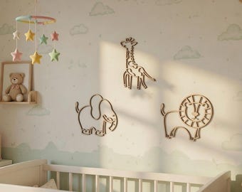 Houten dierenwanddecoraties – kinderkamer en slaapkamer – lasergesneden – olifant, leeuw, giraf + meer
