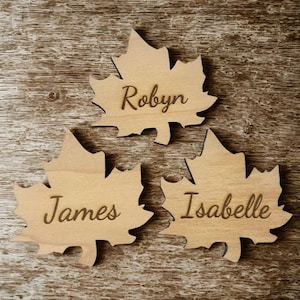 Personalised Wedding Coaster Place Names – Maple Wood or White – Rustic Leaf Table Decorations
