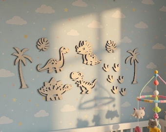 Wooden Dinosaur Wall Decor | Nursery Dinosaur Wall Art | Kids Bedroom & Playroom Wall Decorations | Wooden Dino Set