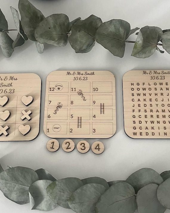 Personalised Wedding Games Set | Tic Tac Toe, Snakes & Ladders, Wordsearch | Table Favours + Custom Party Keepsakes