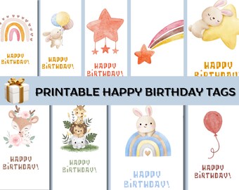 Printable Happy Birthday TAGS, 30 Birthday Tags Printable, Cute Animals Birthday Tag, Happy Birthday Tags For Kids, Birthday Gift Tag