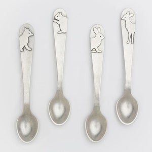 beehive baby feeding spoon - hand cast pewter, fox, squirrel, rabbit, deer, made in usa baby girl, baby boy, gender neutral baby shower gift