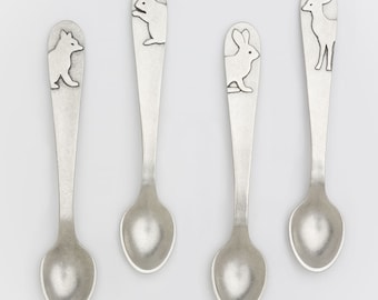 beehive baby feeding spoon - hand cast pewter, fox, squirrel, rabbit, deer, made in usa baby girl, baby boy, gender neutral baby shower gift