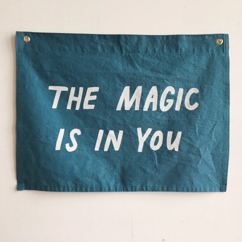 Magic Flag Cyan Silkscreen Affirmation Wall Hanging Canvas Handmade Heirloom Vintage Look Banner