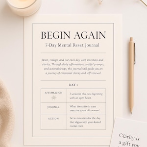 Begin Again: 7-Day Mental Reset Workbook PDF | Emotional Clarity Journal| Affirmations + Mindset Prompts | Digital Self-Care Download