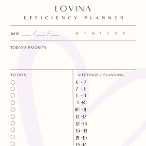 Op de afbeelding: Een witte en paarse planner met de titel "LOVINA EFFICIENCY PLANNER" en een sectie voor "TODAY'S PRIORITY". De planner heeft een sectie voor "TO DO'S" en een sectie voor "MEETINGS / PLANNING" met tijdsloten van 6:00 uur tot 16:00 uur.