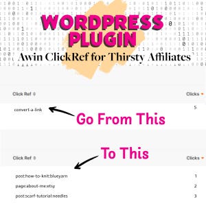Op de afbeelding: Afbeelding met de WordPress-plugin "Awin ClickRef for Thirsty Affiliates". De tekst toont een linkconversieproces. De naam van de plugin staat in grote, roze letters.