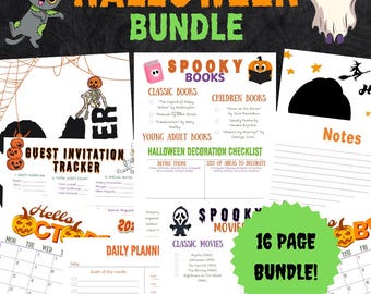 May include: A Halloween bundle featuring printable pages for planning and decoration. Includes a guest invitation tracker, spooky books list, Halloween decoration checklist, daily planner, and a list of spooky movies. The bundle is advertised as a 16-page collection.
