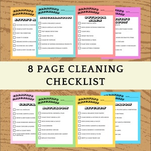 May include: An 8-page cleaning checklist with different coloured pages for each room of the house. The checklist includes tasks such as dusting, vacuuming, sweeping, mopping, cleaning windows, and organising.