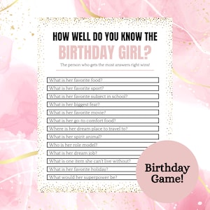 How Well Do You Know The Birthday Girl Game Teen Birthday Games Tween Birthday Game Adult game printable game Birthday trivia game quiz
