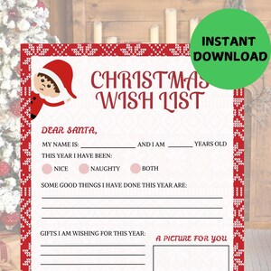 Weihnachtswunschliste druckbare, Brief an Santa, Weihnachten druckbare für Kinder, Weihnachtsaktivität, digitaler Download Santa Wunschliste bearbeitbar