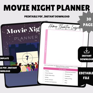 Movie Night Planner | Printable Movie Tracker, Movie Schedule, Party Organizer, Movie List & Snack Planner