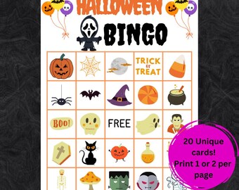 Halloween Bingo Game, 20 Printable Cards (Digital Download)