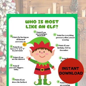 Who is most like an elf Christmas Game printable, holiday office party game, Christmas party game for all ages, church party game christmas