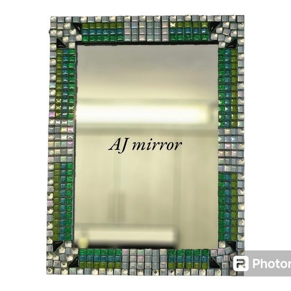 Miroir en mosaïque fait main / vert bleu blanc / décoration de salle de bain