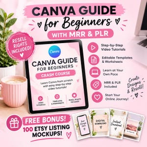 May include: A digital Canva guide for beginners displayed on a tablet screen with pink accents, featuring text about MRR and PLR, video tutorials, and editable templates. Includes a bonus of 100 Etsy listing mockups and various informational icons.