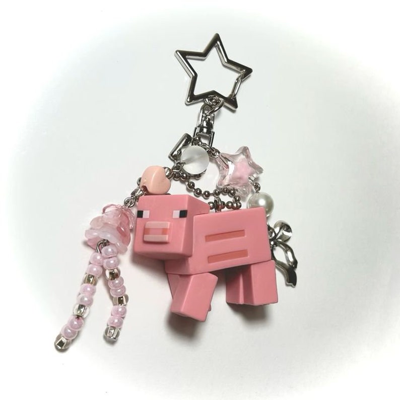 Minecraft Keychains Steve Creeper Enderman Enderdragon Pig Handmade Beaded Cute Kawaii Bag Charm