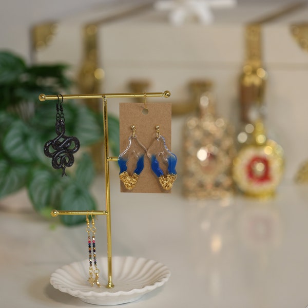 Handcrafted Blue Resin Earrings with Gold Foil - Hypoallergenic Gold Plated Studs - Elegant Artisan Jewelry - Hidden Ocean Treasure -