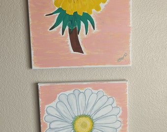 Pink Melon Tones Dandelion L16xW12 & Daisy Oil Painting L14xW11 Set of 2