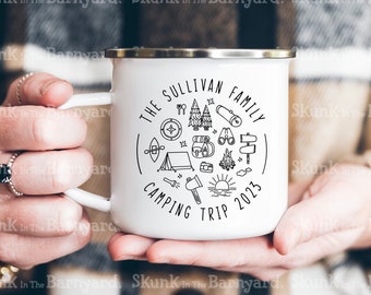 Custom Family Camp Mug, Personalized Enamel Camping Mug, Camp Gifts, Camping Cup, Camp Bachelorette Gifts, Camping Crew, Camping Trip Mug