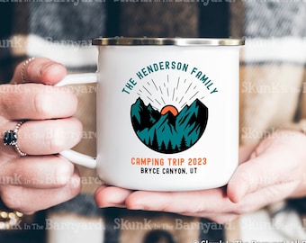 Custom Family Camp Mug, Personalized Enamel Camping Mug, Camp Gifts, Camping Cup, Camp Bachelorette Gifts, Camping Crew, Camping Trip Mug