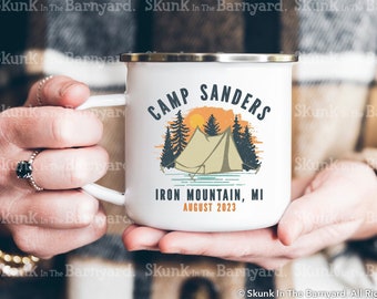 Custom Family Camp Mug, Personalized Enamel Camping Mug, Camp Gifts, Camping Cup, Camp Bachelorette Gifts, Camping Crew, Camping Trip Mug