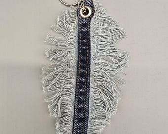 Upcycled Denim Feather Keychain | Boho Rustic Bag Charm, Dreamcatcher Accent