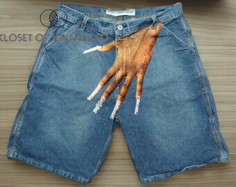 Short ample en jean bleu rétro, pantalon harajuku hip hop Y2K, short pour homme à imprimé graphique