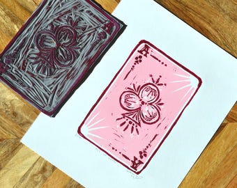 Ace of Clubs Linocut Print: Limited Edition Pink Card Art
