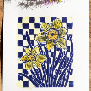 Original Linocut Block Print Daffodils Yellow Monochrome